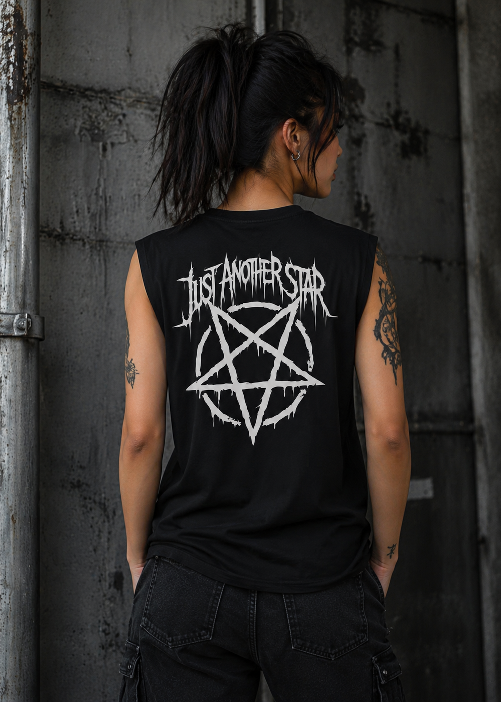 ORGANIC SLEEVELESS SHIRT - "Just Another Star" - backpiece - black