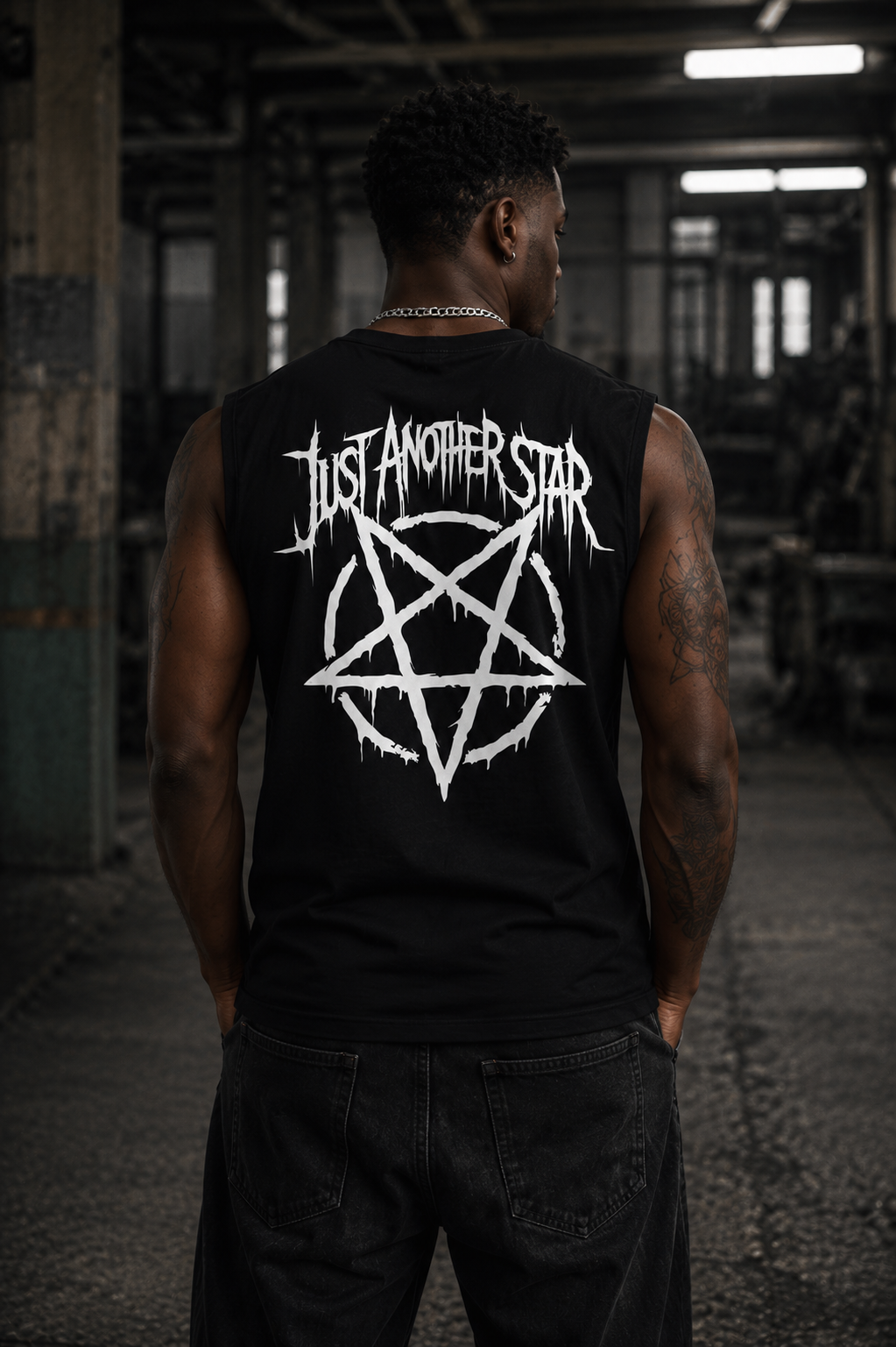 ORGANIC SLEEVELESS SHIRT - "Just Another Star" - backpiece - black