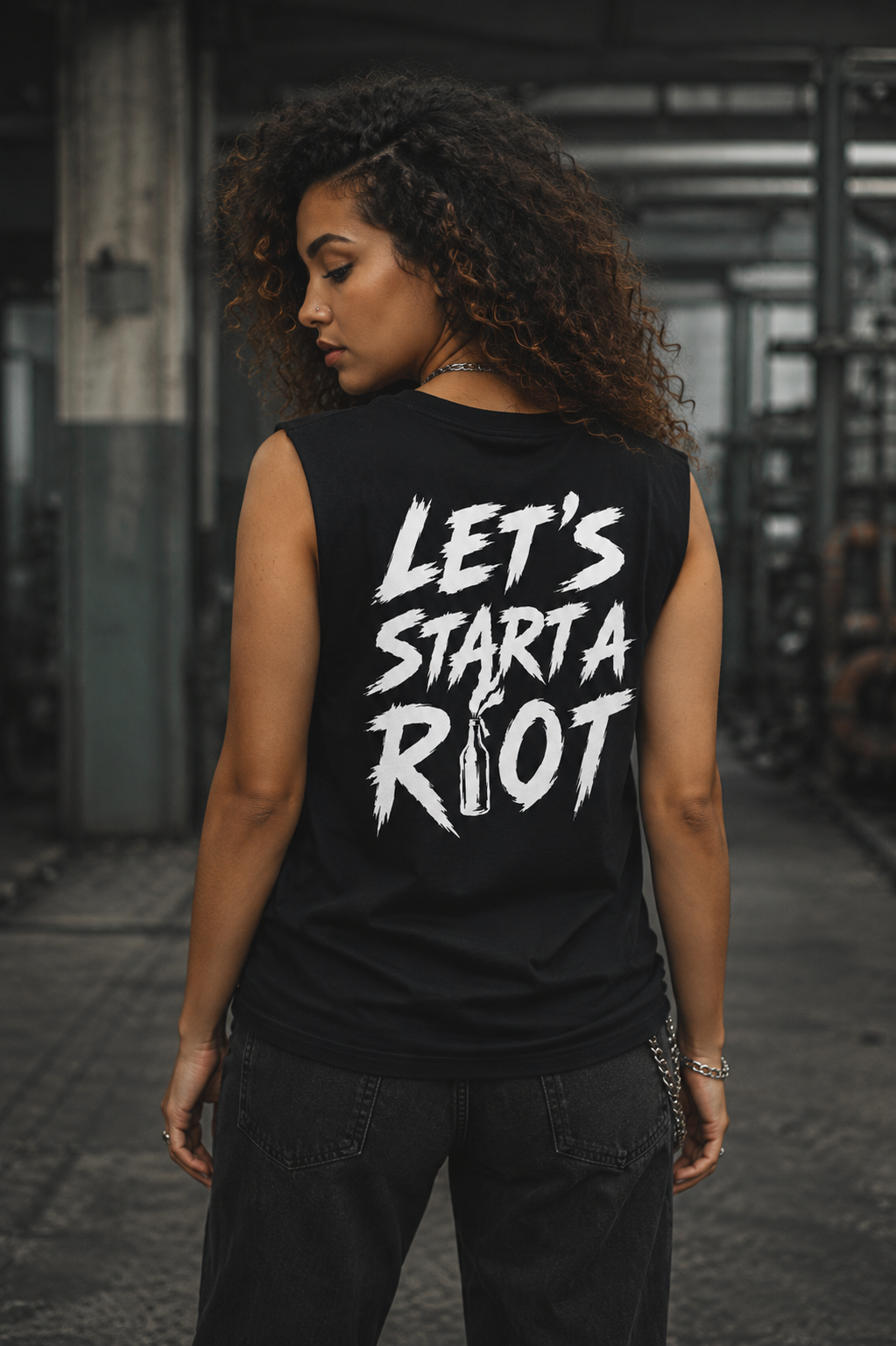 ORGANIC SLEEVELESS SHIRT - "R!OT" - backpiece - black