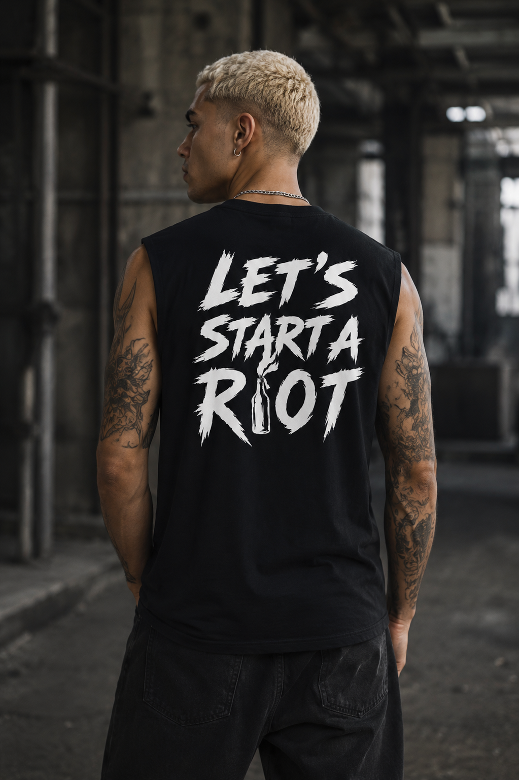 ORGANIC SLEEVELESS SHIRT - "R!OT" - backpiece - black