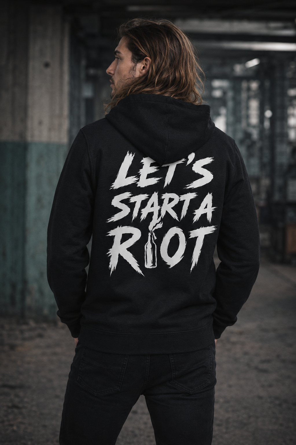 ORGANIC HOODIE - "R!OT" - backpiece - black
