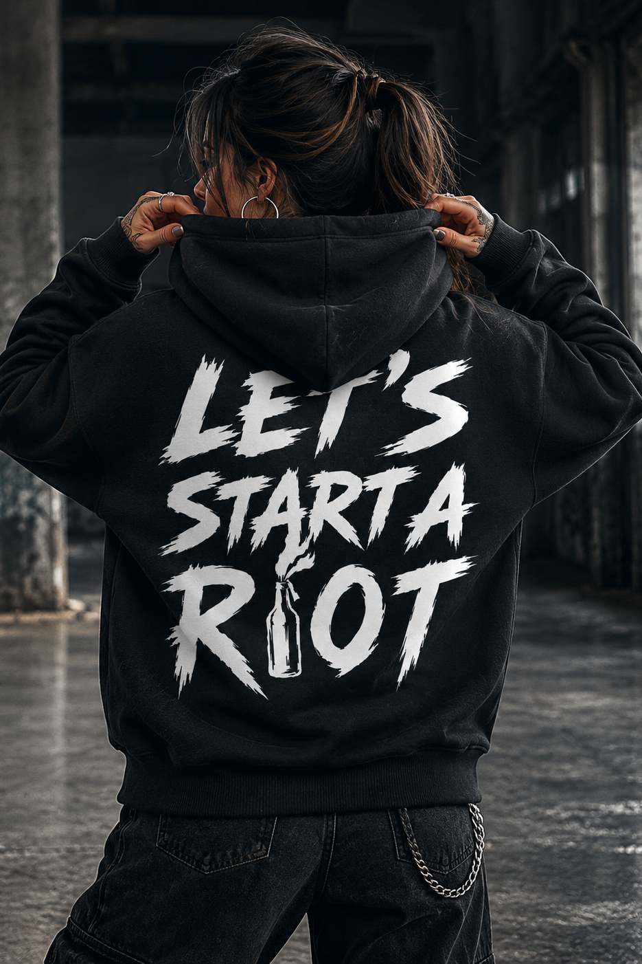 ORGANIC HOODIE - "R!OT" - backpiece - black