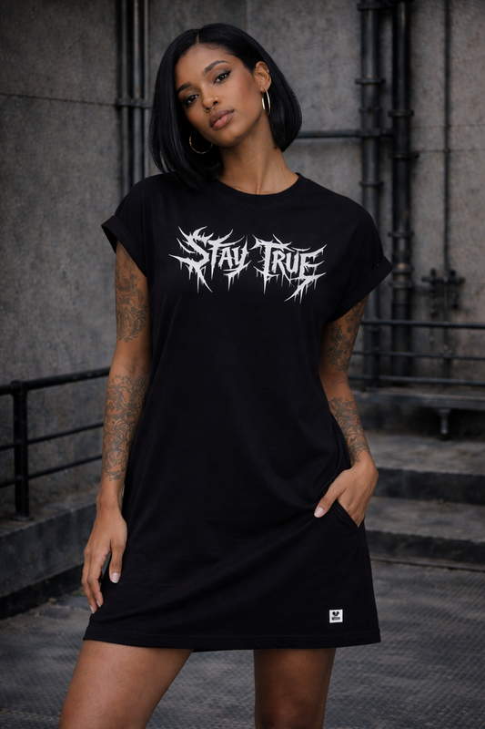 ORGANIC SHOULDER DRESS - "Stay True" - front - black