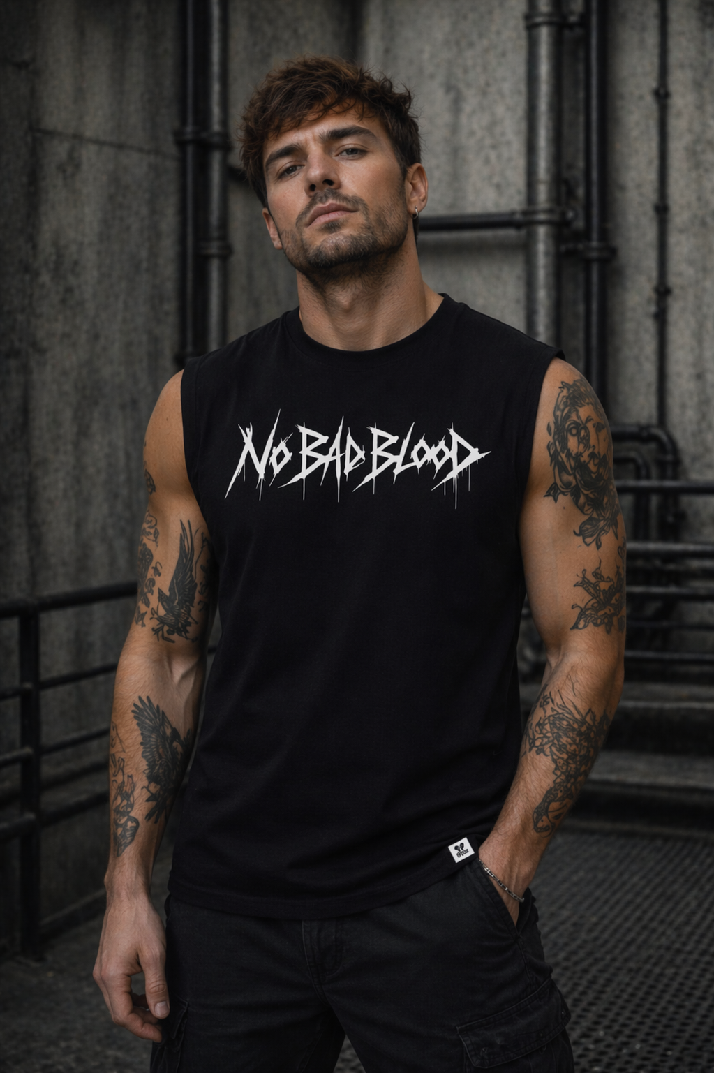 ORGANIC SLEEVELESS SHIRT - "No Bad Blood" - front - black