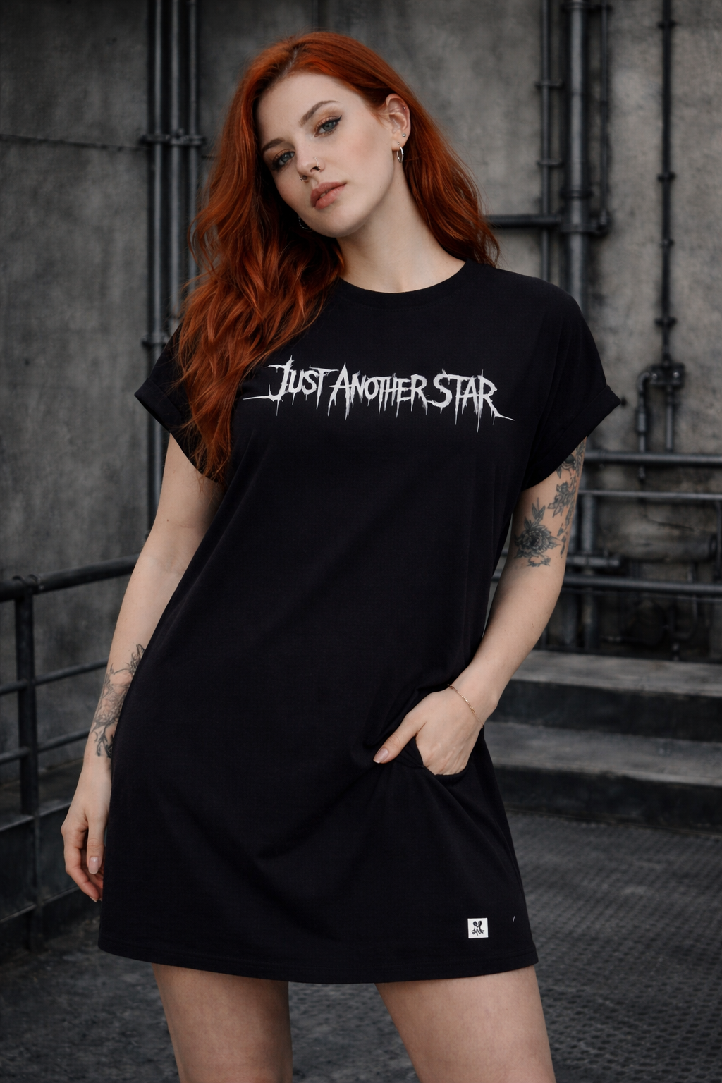 ORGANIC SHOULDER DRESS - "Just Another Star" - front - black