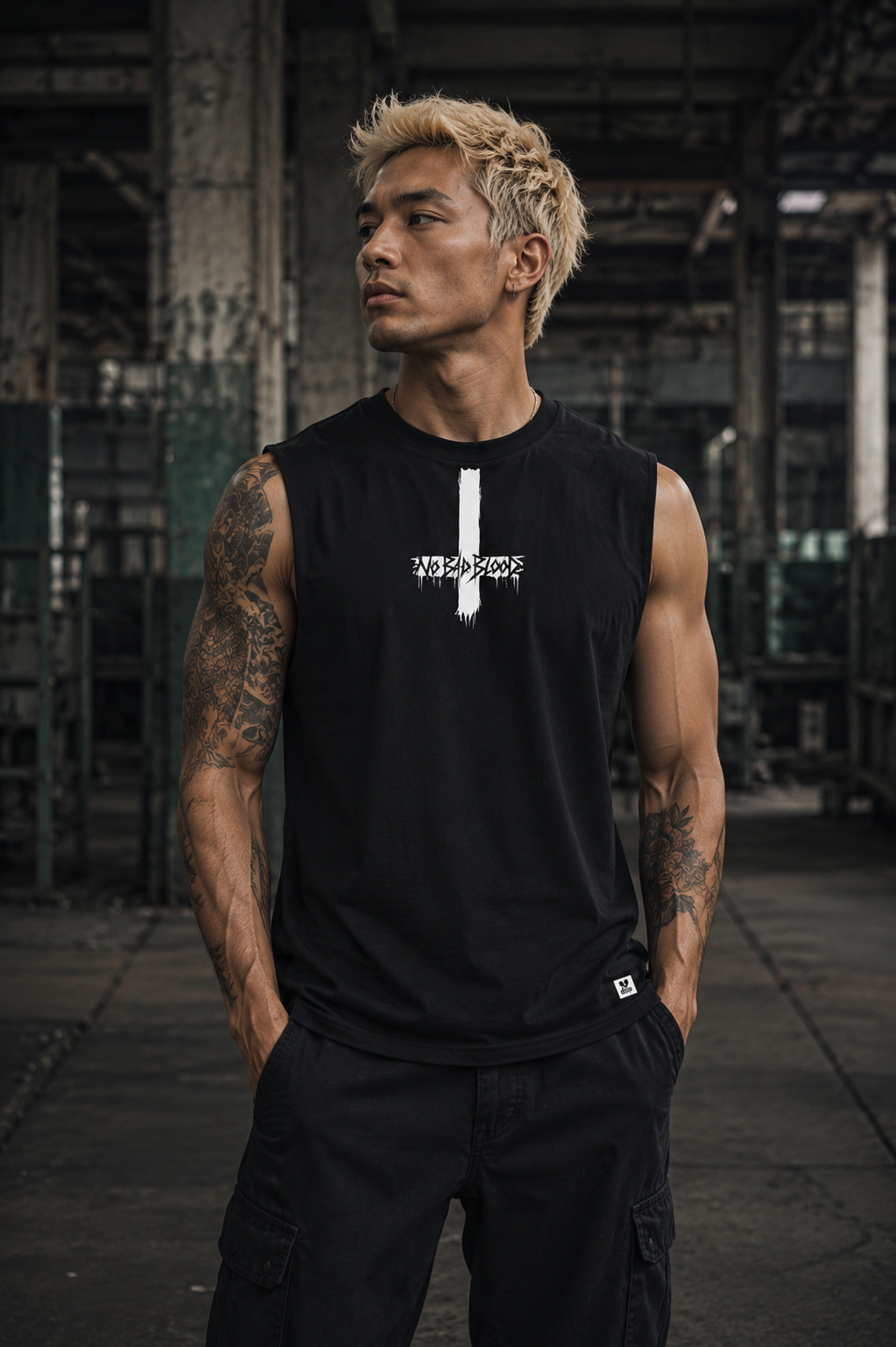 ORGANIC SLEEVELESS SHIRT - "No Bad Blood" - cross - black