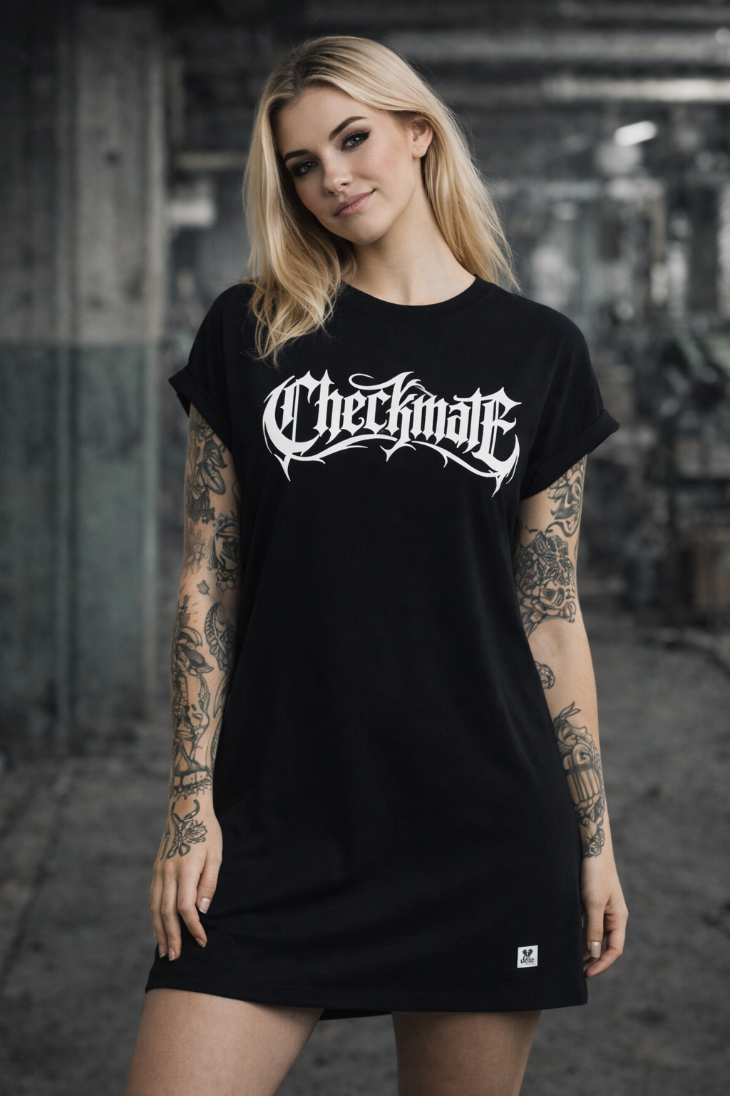 ORGANIC SHOULDER DRESS - "Checkmate" - front - black