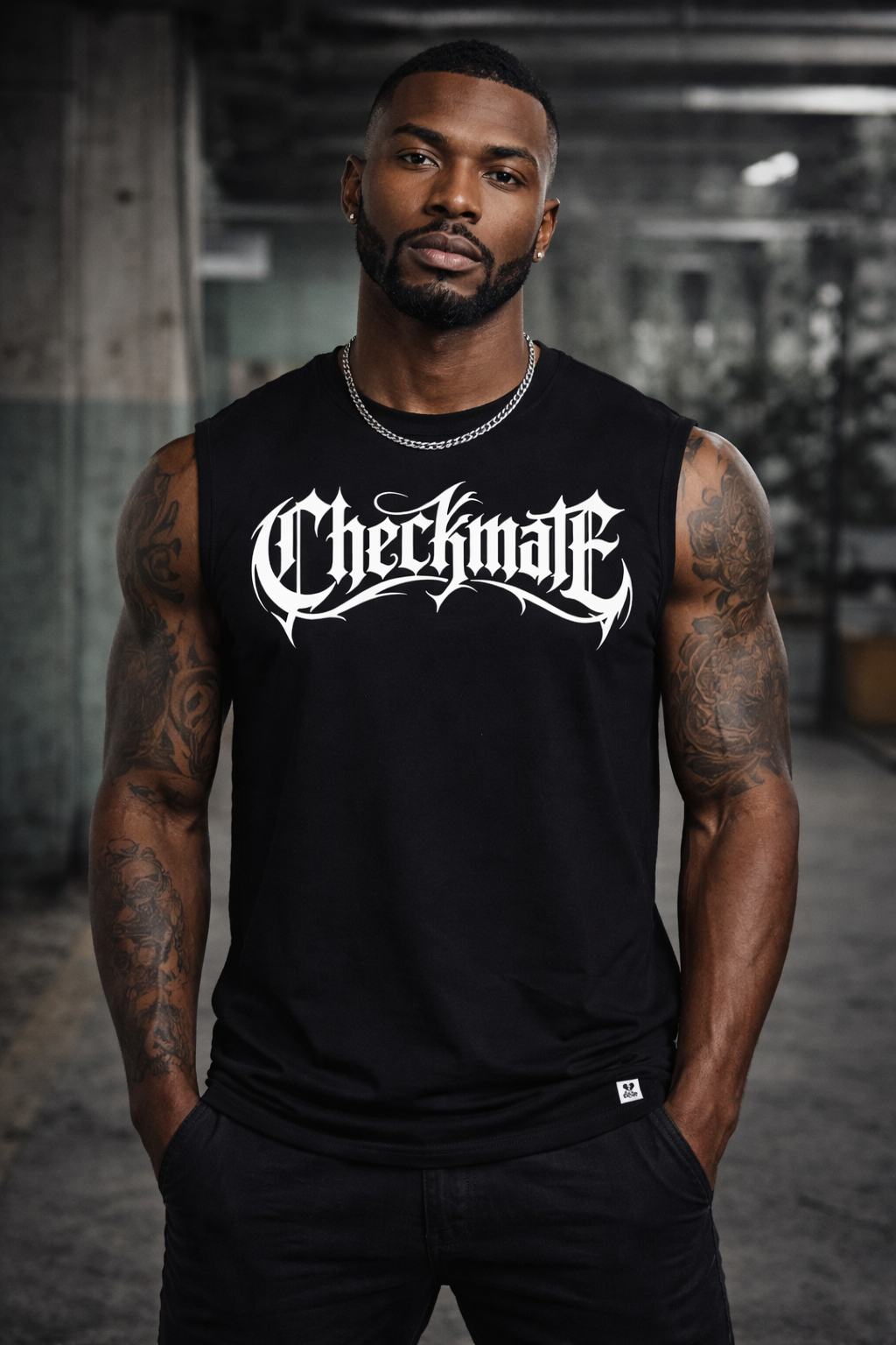 ORGANIC SLEEVELESS SHIRT - "Checkmate" - front - black