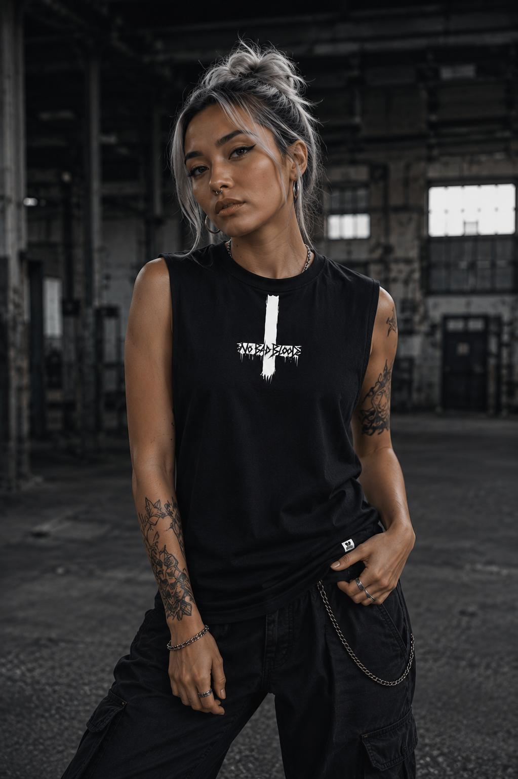 ORGANIC SLEEVELESS SHIRT - "No Bad Blood" - cross - black