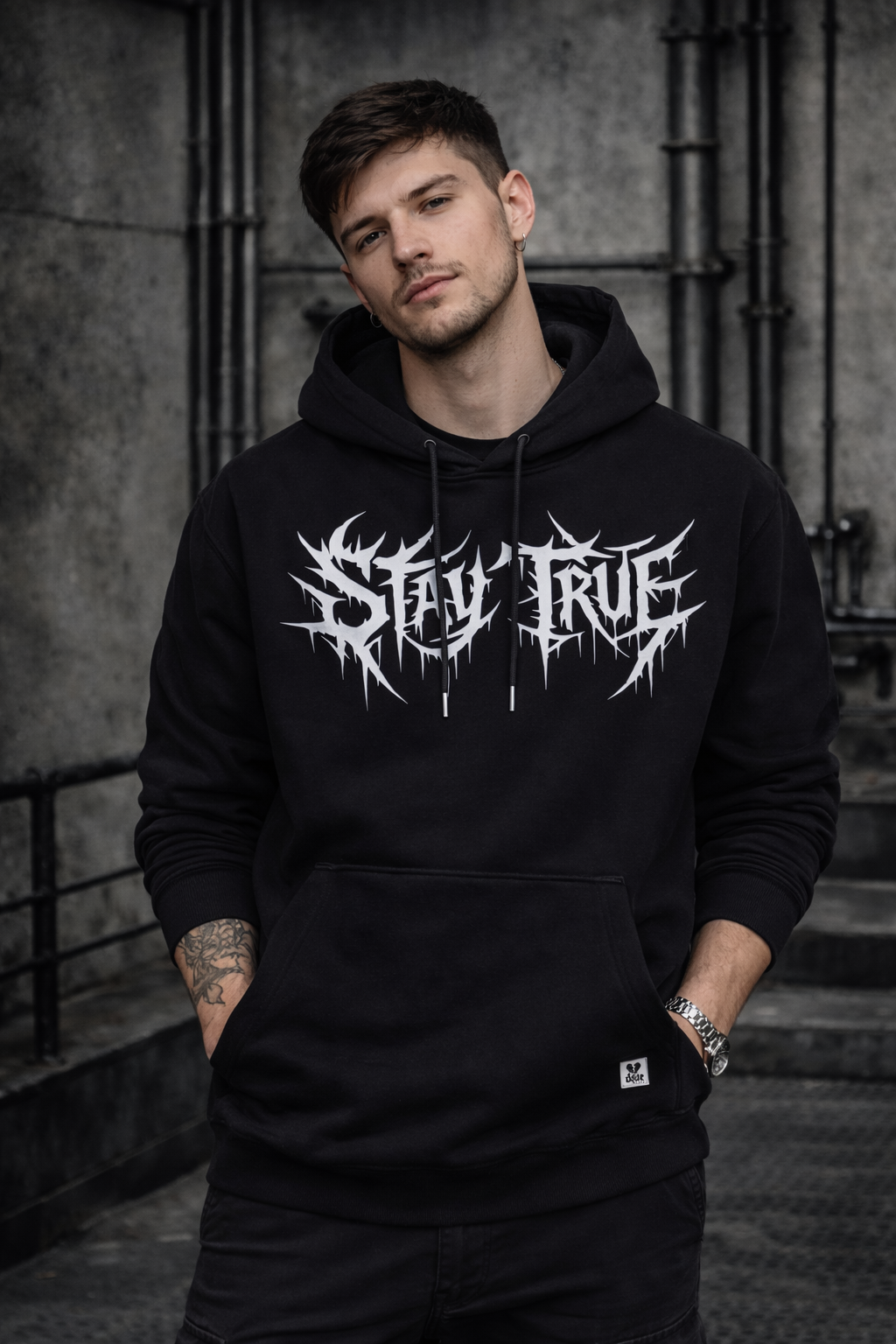 ORGANIC HOODIE - "Stay True" - front - black
